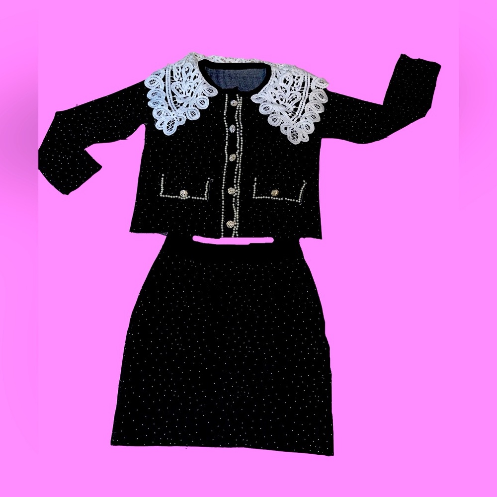 NWOT #136 Look Worthy Skirt Set, Black & White, Lace Collar, Pearls, Rhinestone